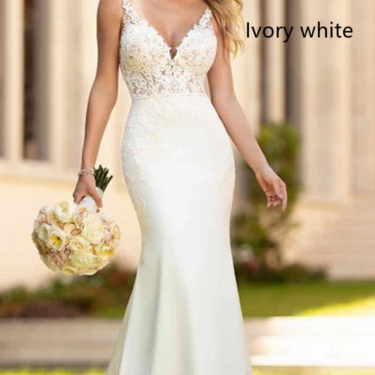 European And American Double Shoulder Lace Slim And Simple Trailing Long Skirt