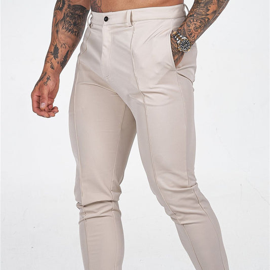 Men's Fashion Casual Pure Color Tight Zipper Slim Fit Trousers