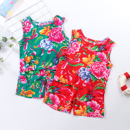 Children's Vest Suit Boys And Girls Summer Thin Cotton Silk Floral Hanging