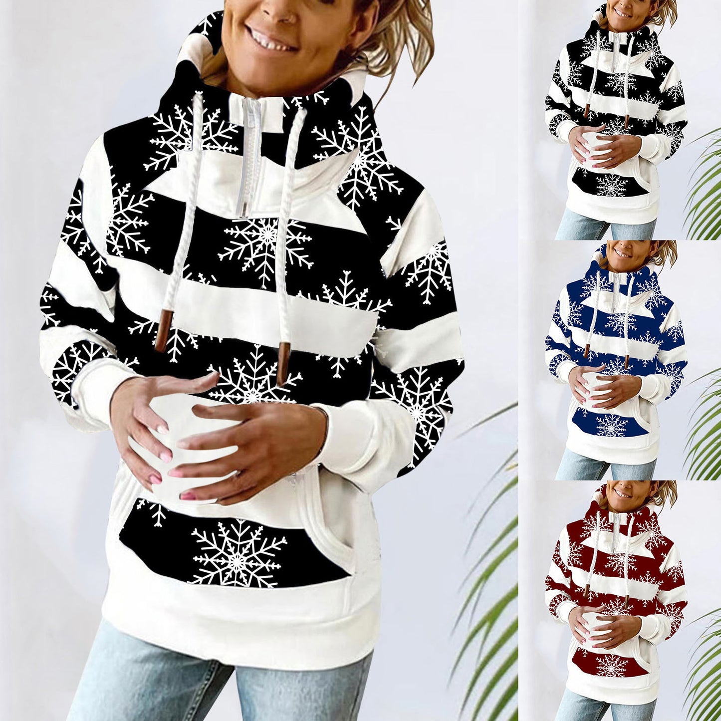 Fashion Printed Zipper High Neck Sweater