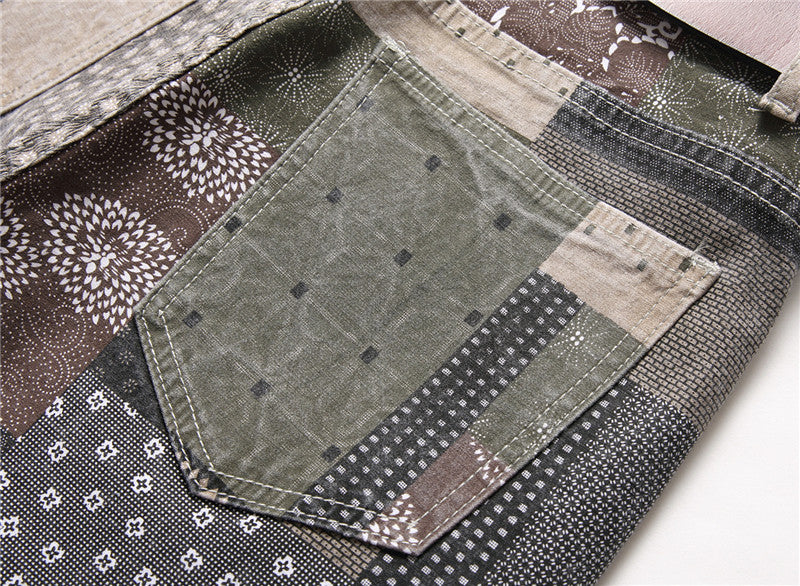 Printed Stitching Patch Checkered Stretch Small Straight-leg Street Fashion Jeans