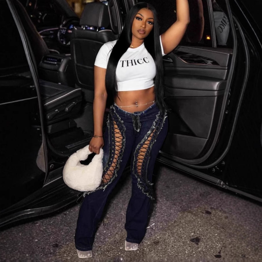 Stretch All-matching Frayed Lace-up New Slim Jeans For Women