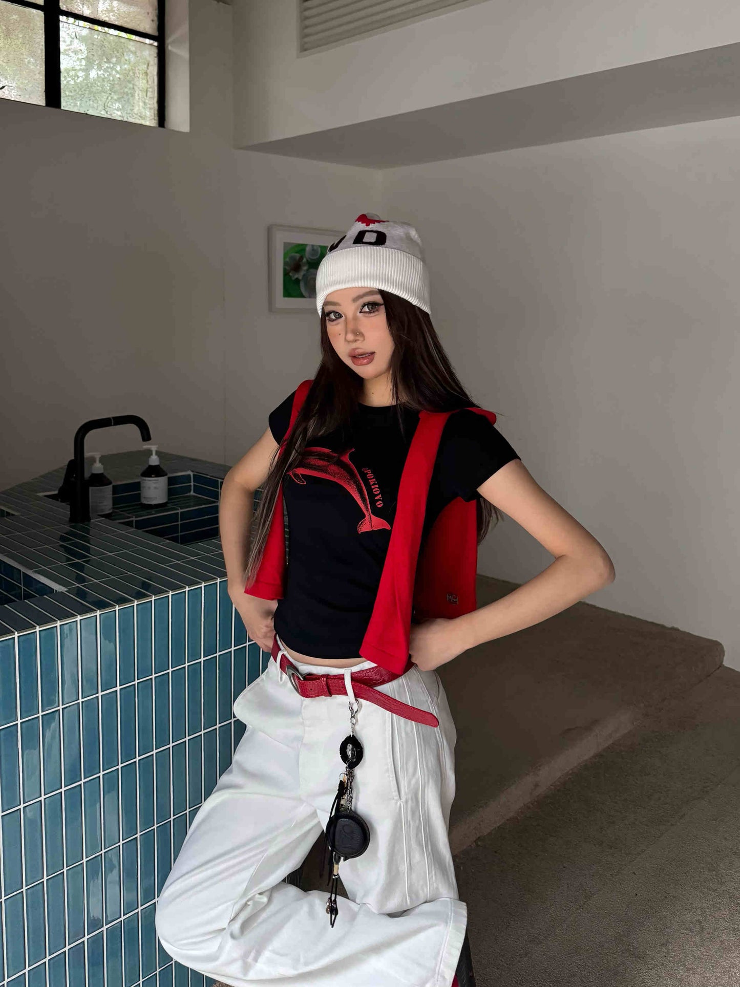 Dolphin Printing Shoulder Short-sleeved T-shirt Slim Fit Skinny Top