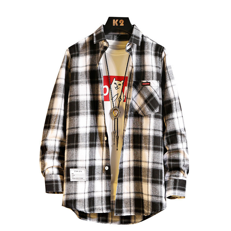 Men's Loose Plaid Long-sleeved Shirt Casual Shirt