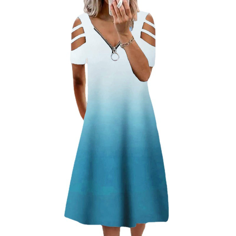 Short Sleeve Zipper V-neck Dress