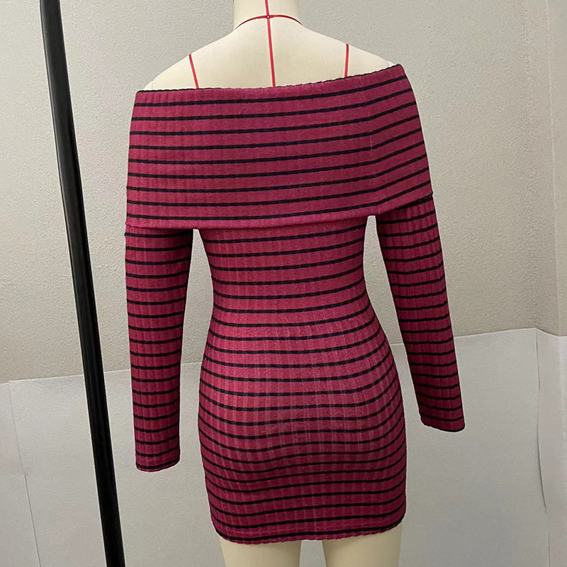 Women's Striped Off-Shoulder Bodycon Dress, Long Sleeve Sexy Mini Dress
