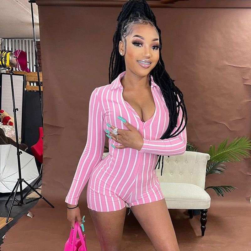 Lapel Zipper Slim Vertical Stripes Women's One-piece Shorts