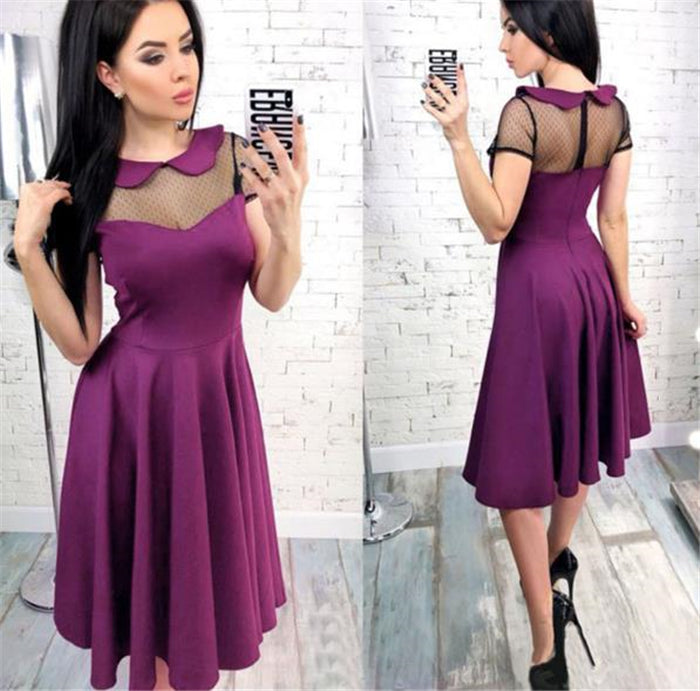 Women Sexy Mesh Short Sleeve Slim Female Lacing Splice Solid Knee-Length Summer Dress